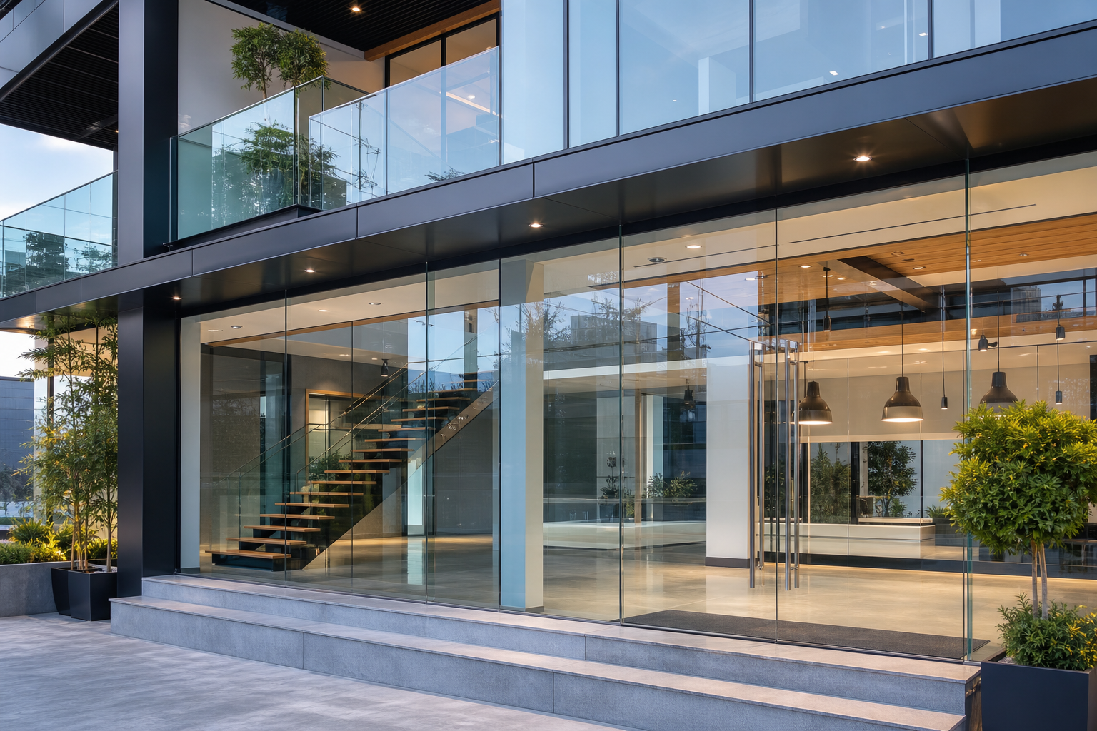 Contemporary building using toughened glass doors, facade panels and balustrades